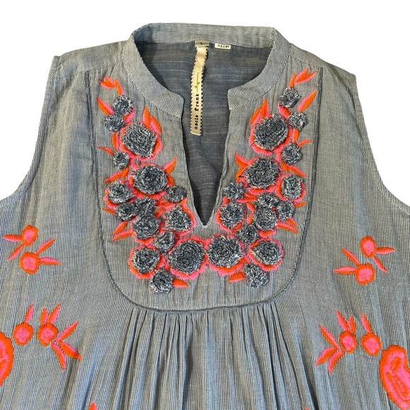 Anthropologie Uncle Frank Large Pin Stripe V Neck Embroidered Sleeveless Dress - Picture 8 of 12
